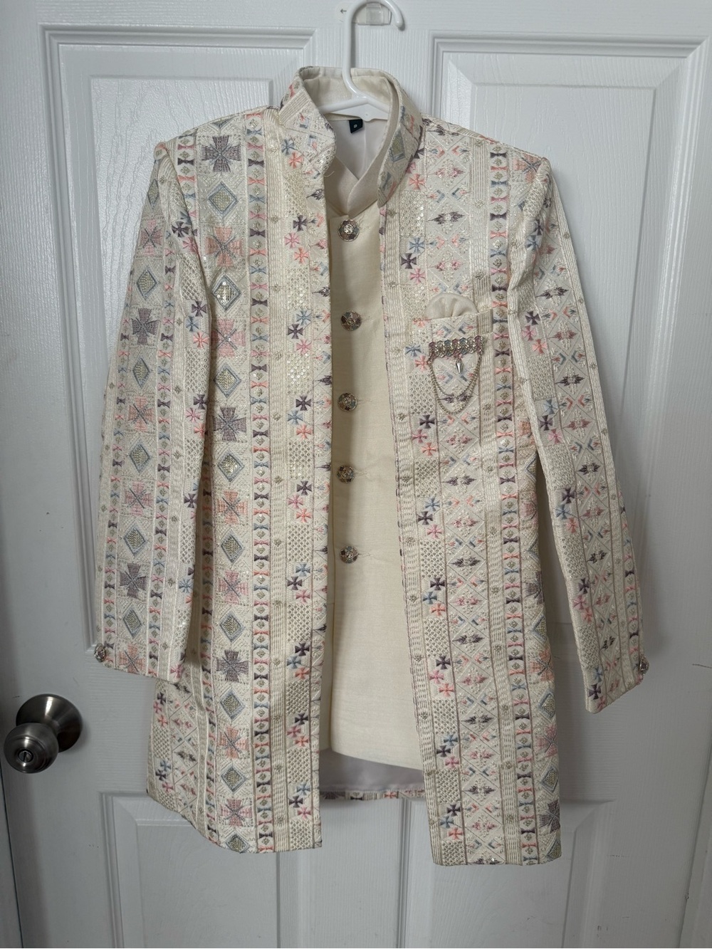 Cream Embroidered Formal Kids Jacket with Multicolor Motifs